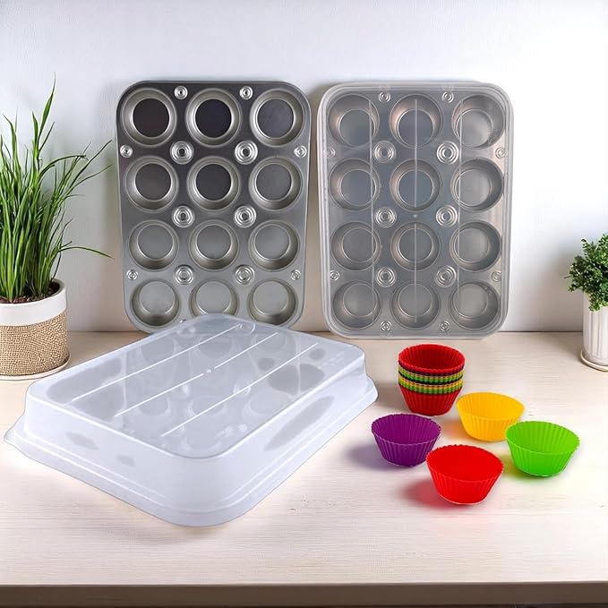 G&S Design Set of Two 12-Cup Muffin Pans with Locking Carrier Lids and 24 Silicone Liners