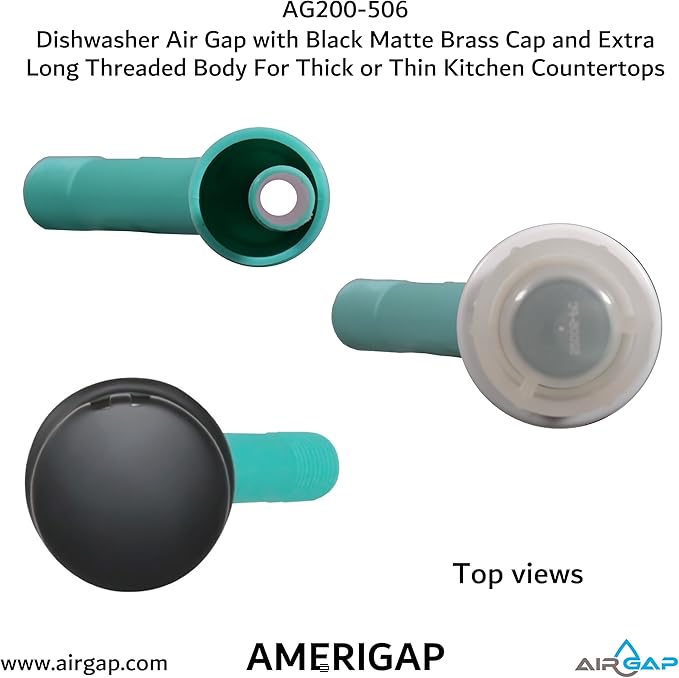 Dishwasher Air Gap with Skirted Black Matte Brass Cap and Extra Long Threaded Body for Thick or Thin Kitchen Countertops (AG200-506, AG200-X06, AMERIGAP)