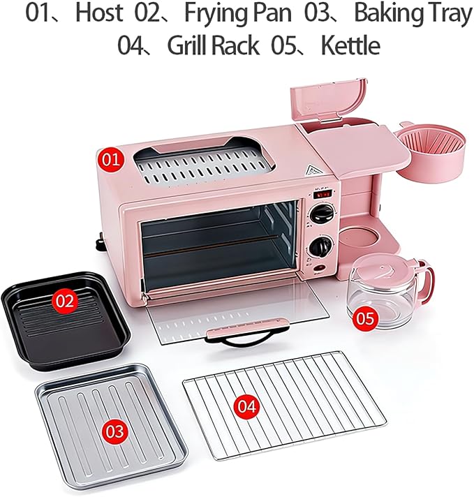 9L, 3-in-1 multifunctional home breakfast machine, mini oven, coffee machine, with timer，visible window (Pink)