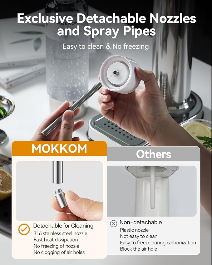 MOKKOM Sparkling Water Maker, Soda Maker with 1L PET Carbonating Bottle, Soda Streaming Machine and Beverage Carbonator, Compatible with 60L CO2 Carbonator (NOT Included) - Stainless Steel