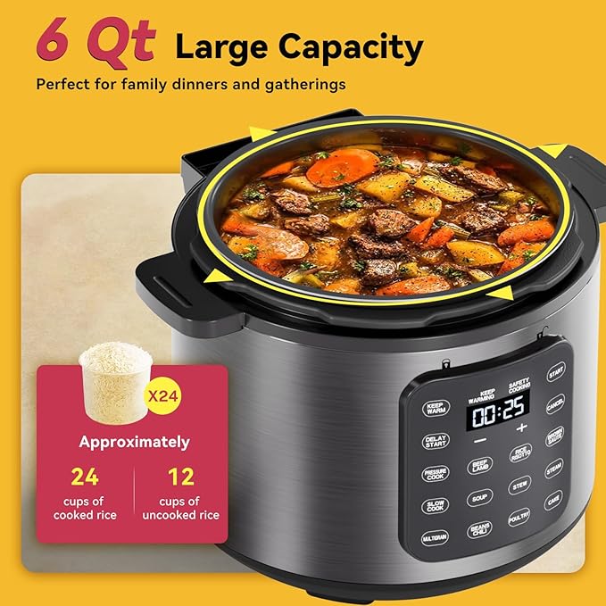 CARORI Electric Pressure Cooker 6 Quart Silver, Non-stick Pot, 9-in-1 Instant Pot, 12 Preset Functions with Touchscreen, Safe Steam Release, Stew, Slow Cook, Rice, Sauté, Warmer
