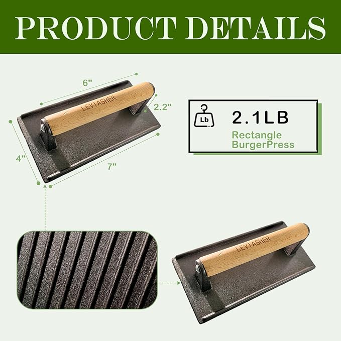2.2lbs Heavy-Duty Cast Iron BBQ Grill Press for Bacon Burger Sandwich Steak Meat Paninis Vegetable, Griddle Food Press for Weber Blackstone Chef Pitboss Cooking, Rectangular Wood Handle