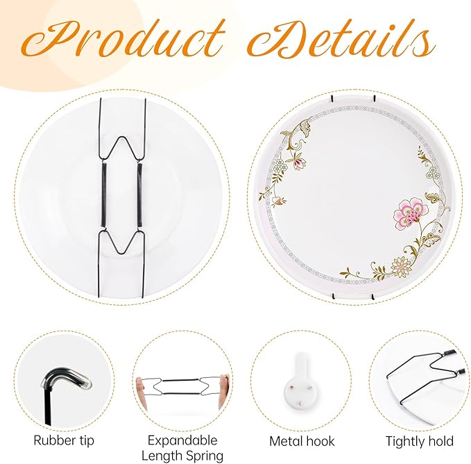 Plate Hangers for The Wall, Suitable for 6-8 inch Decorative Plate, Stainless Steel Wire Plate Holder with Wall Hooks and Rubber tip Protectors, Plate Hangers for Displaying Plates, Platter, Black