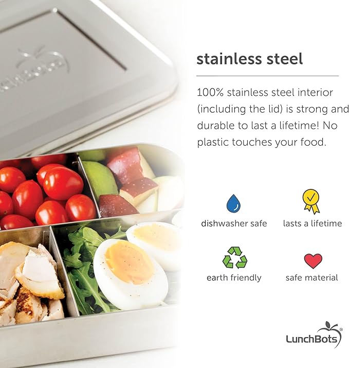 LunchBots Large Cinco Stainless Steel Lunch Container - Five Section Design Holds a Variety of Foods - Metal Bento Box - Dishwasher Safe - Stainless Lid