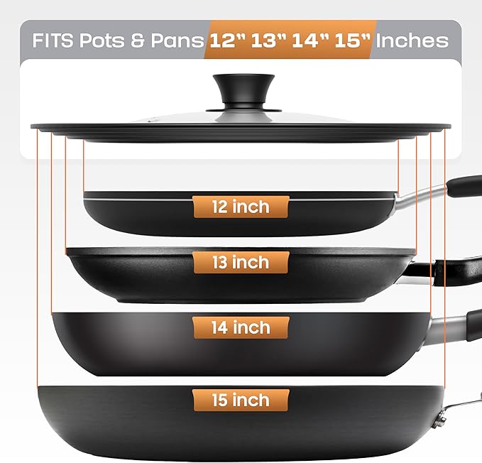 LSR Loreso Universal Pan Lid for Pots Pans and Skillets 12-15 Inch - Tempered Glass Pot Lid with Auto-Sizing Silicone Rim - Black