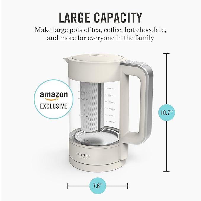 Martha Stewart  Electric Kettle with Removable Stainless Steel Tea Infuser, Glass Carafe 1.7L (7 Cups), Hot Water Boiler, 4 Presets, Keep Warm & Auto Shut-Off, Cordless 360° Swivel Base, Linen White