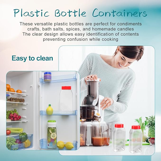 34 Pack 16 oz Plastic Spice Jars with Cap Clear Empty Square Bottle With flip lid Reusable Spice Bottle Large Seasoning Jars Powder Storage Container for Storing Seasoning Powders Supplies(Red)