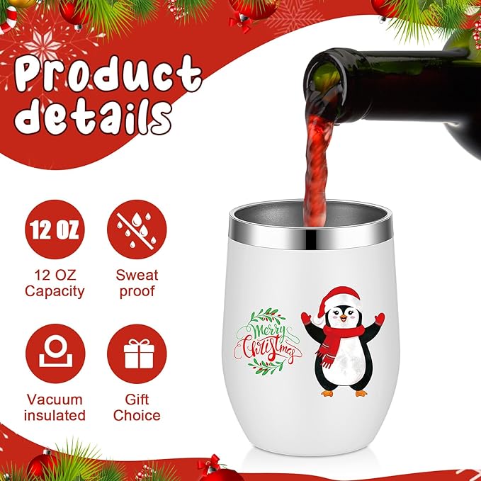Sliner 16 Pcs Christmas Funny Wine Tumbler Spoon Set 12 Oz Stainless Steel Tumbler with Straw Brush Double Wall Insulated Travel Coffee Mug for Christmas Xmas Party Decorations Holiday Gift