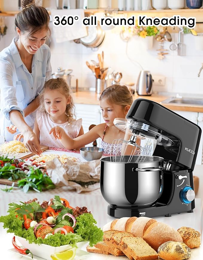 9.5 QT Double Handle KUCCU Stand Mixer, 6 Speed with Pulse Electric Kitchen Mixer, 660W Tilt-Head Food Mixer with Dishwasher-Safe Dough Hook, Flat Beater, Whisk, Splash Guard for home baking (Black)