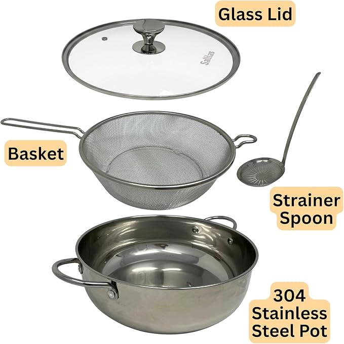 Saltlas 4.4Qt/4.2L Deep Fryer Pot with Basket and Strainer Spoon, 304 Stainless Steel Fish Frying Pot for Seafood, Chicken, French Fries, Japanese Tempura