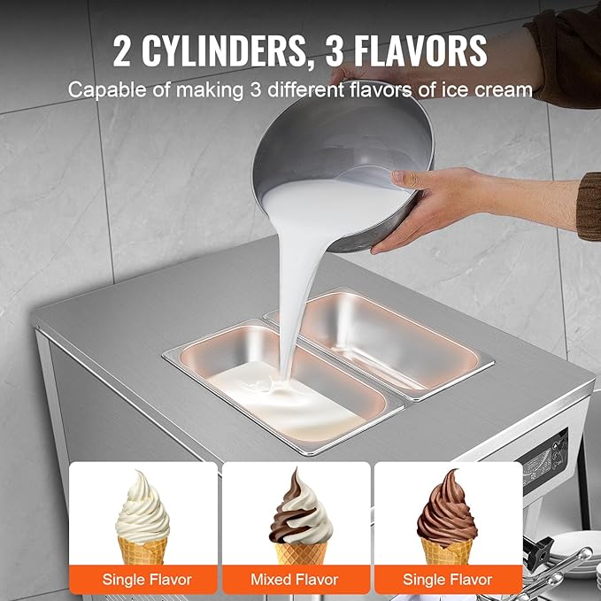 VEVOR Commercial Ice Cream Machine, 18-28 L/H Yield, 1850W 3-Flavor Countertop Soft Serve Ice Cream Maker, 2 x 5.5L Stainless Steel Cylinder, LED Panel Auto Clean Pre-cooling, for Restaurant Bars