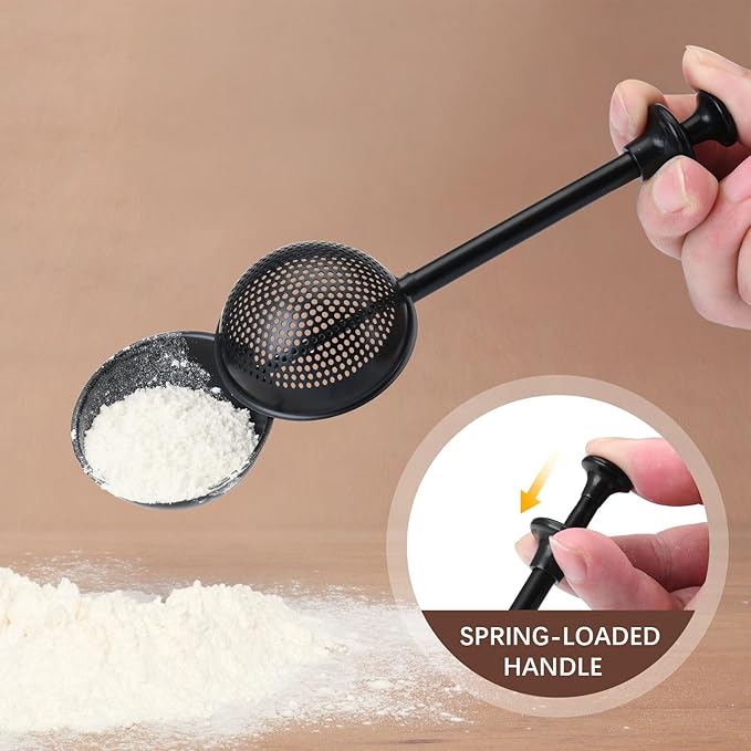HULISEN Flour Duster for Baking, One-Handed Operation, 304 Stainless Steel Powdered Sugar Shaker Duster, Pick Up and Dust Flour Sifter, Gift Package, Black