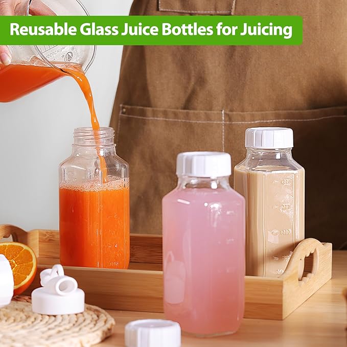CUCUMI Glass Juice Bottles with Lids, 3 Pack Clear Glass Water Bottles with 1 Pour Spouts, 16 Oz Reusable Milk Jug with Airtight Caps and Scale for Juicing Containers