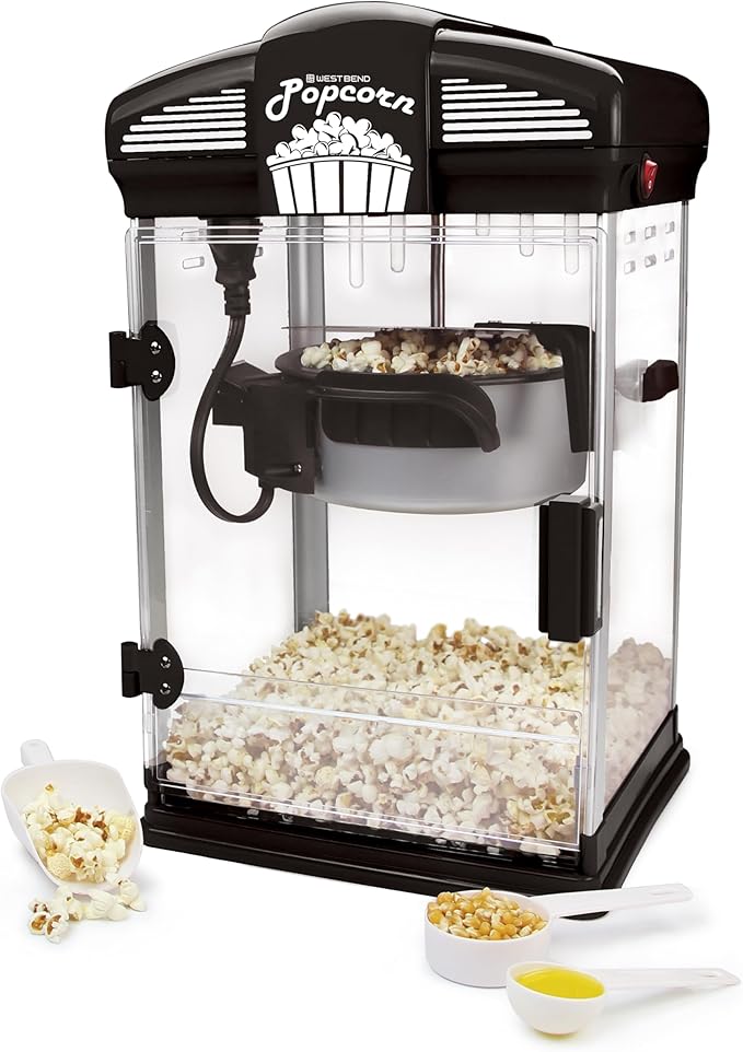 West Bend Stir Crazy Movie Theater Popcorn Popper, Gourmet Popcorn Maker Machine with Nonstick Popcorn Kettle, Measuring Tool and Popcorn Scoop for Popcorn Machine, 4 Qt., Black