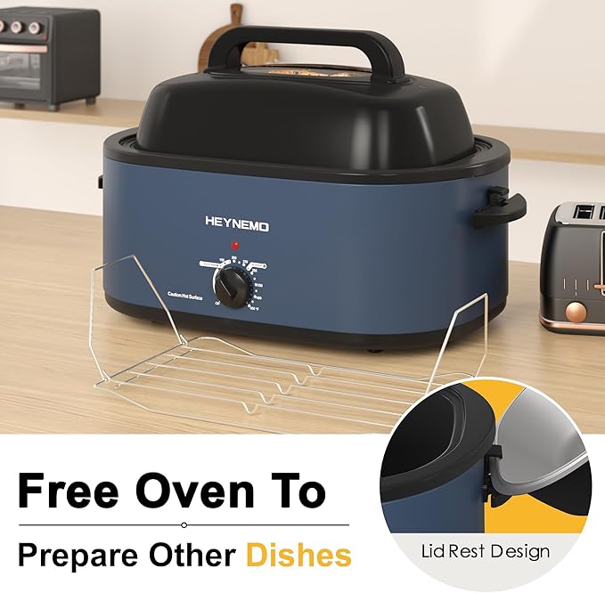 28 Quart Electric Roaster Oven with Visible & Self-Basting Lid, Large Turkey Roaster with Defrost Warm Function, Adjustable Temperature, Removable Pan Rack, Stainless Steel, Blue