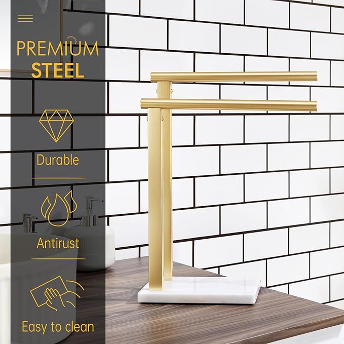KOKOSIRI Hand Towel Rack Standing Towel Rails 2-Tier with Marble Base for Bathroom Vanity Countertop, Brushed Gold Stainless Steel 15.7'' Height THS0007-BG
