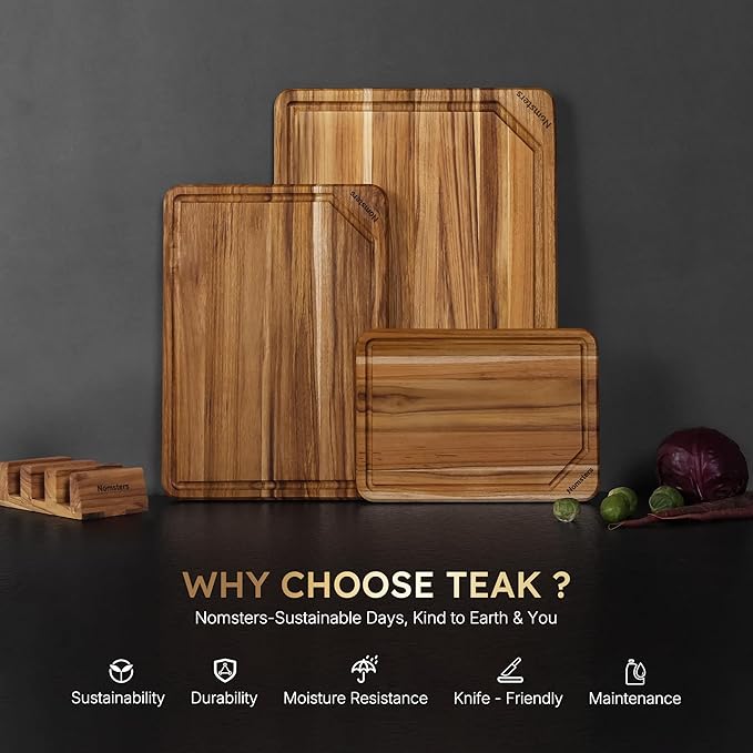 3 Pack Teak Wood Cutting Board Set with Holder Non Slip Over Sink Wooden Chopping Board for Fresh Meat Vegetable Thick Haus Perfect for Charcuterie Juice Groove Kitchen Accessories - FSC Certified