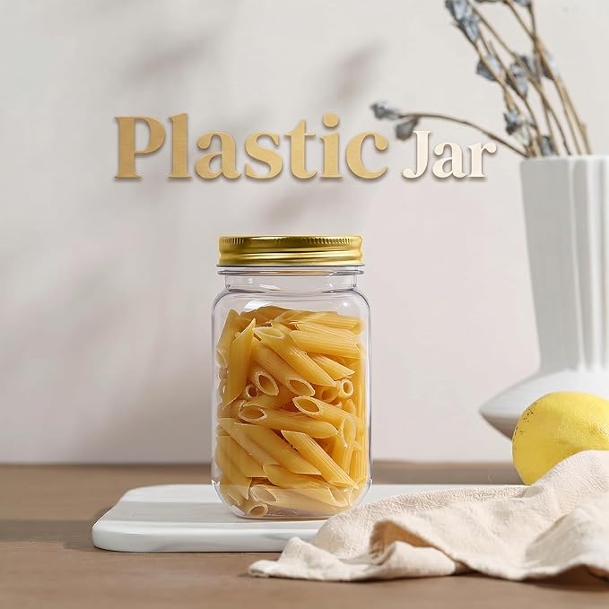 novelinks 16 oz Clear Plastic Jars with Lids, Refillable 16oz Mason Jars with Lids & Storage Containers for Kitchen & Household Use (10 Pack,Gold)