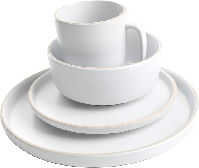 Gibson Home Zuma 16 Piece Round Kitchen Dinnerware Set, Dishes, Plates, Bowls, Mugs, Service for 4, Matte Stoneware, White
