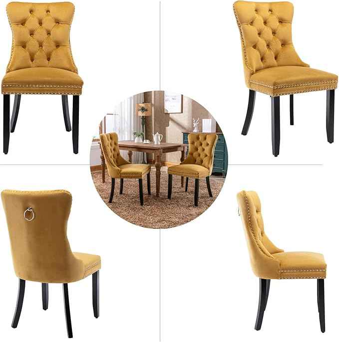 Velvet Dining Chairs Set of 6, Upholstered Dining Room Chairs with Back Ring Pull Trim and Solid Wood Legs,Tufted Wingback Kitchen Chair Perfect for Dining Room,Living Room,Kitchen(Gold)