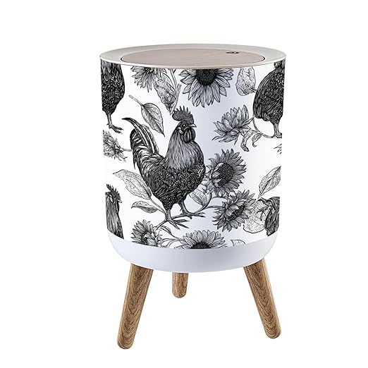 Trash Can with Lid Roosters Sunflowers Black White Botanical Press Top Round Small Garbage Bin with Wooden Legs Waste Basket for Kitchen Bedroom Nursery 7L/1.8 Gallon