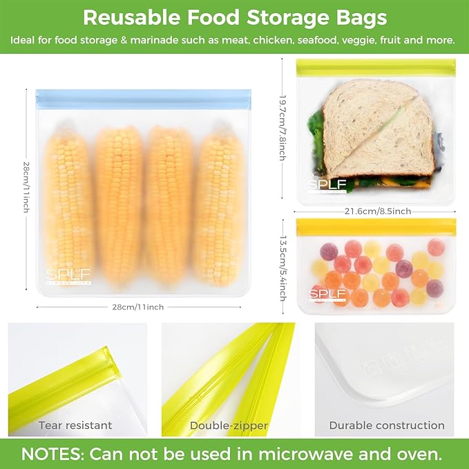 SPLF 12 Pack Dishwasher Safe Reusable Bags, Leakproof Reusable Freezer Bags, BPA Free Food Storage Bags for Lunch, Meal Prep, Marinate, Veggies, Travel - 2 Gallon 5 Sandwich 5 Snack