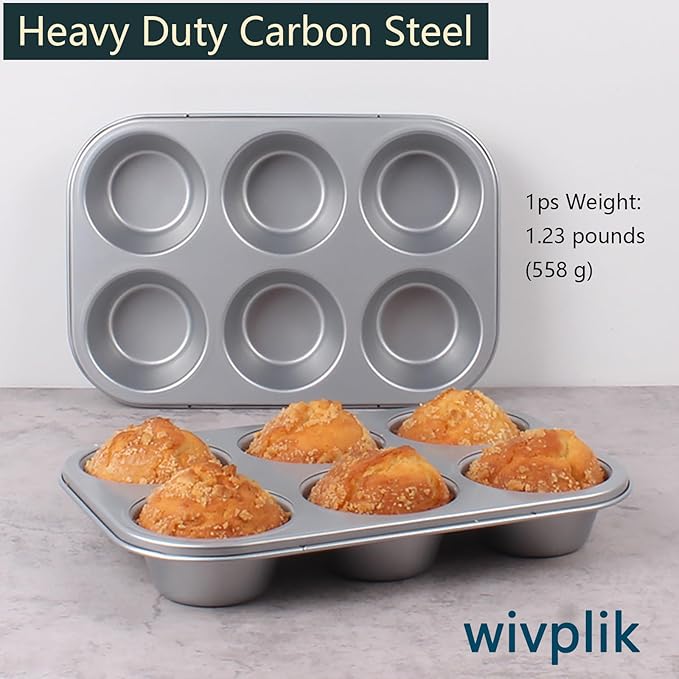 Nonstick jumbo Muffin Pans 6 Cups，2 Pack Extra Large Cupcake Tins for Baking，Premmium Non-stick Coating for Non-Toxic,Heavy Duty Carbon Steel, 3.5 dia,Deep Muffin Tray