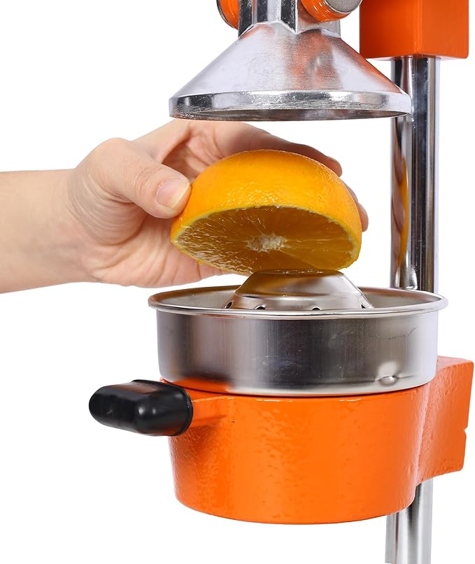 Cast Iron Citrus Juicer, Extra-Large Commercial Grade Manual Hand Press, Heavy Duty Countertop Squeezer for Fresh Orange Juice (Orange)