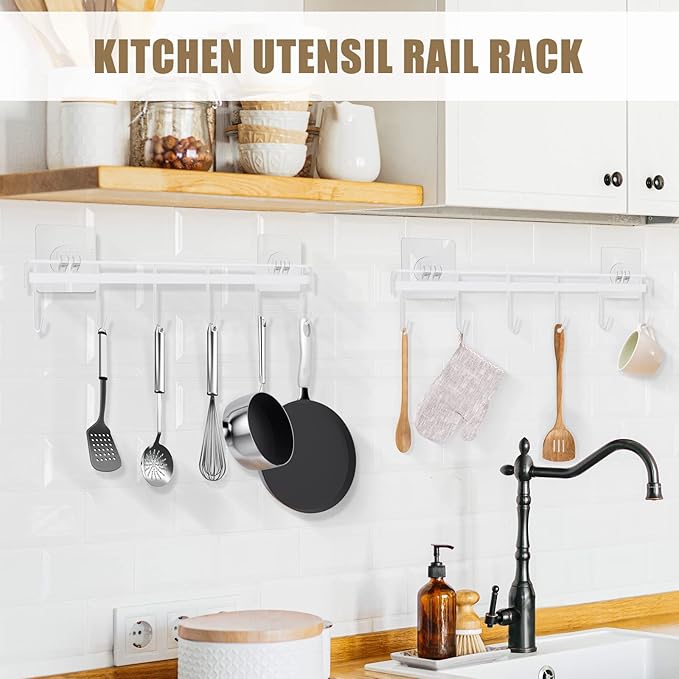 Kitchen Utensil Hanger, Adhesive Utensil Holder Wall Mount Kitchen Rack Rail with 12 Hooks, Space Saving and No Drilling, White, 2 Pcs