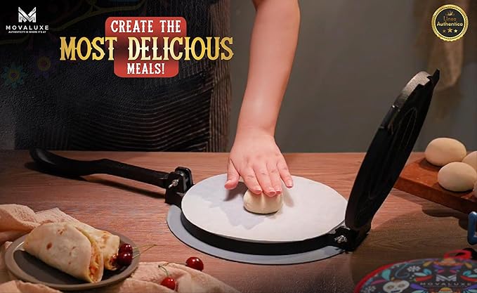 Movaluxe® Tortilla Press 12 Inch Cast Iron MEGA – Corn & Flour Roti Maker Machine Heavy Duty Tortillera Presser. With Parchment Paper, Warmer Pouch, Taco Holders, Rubber Mat & Digital Culinary Guide