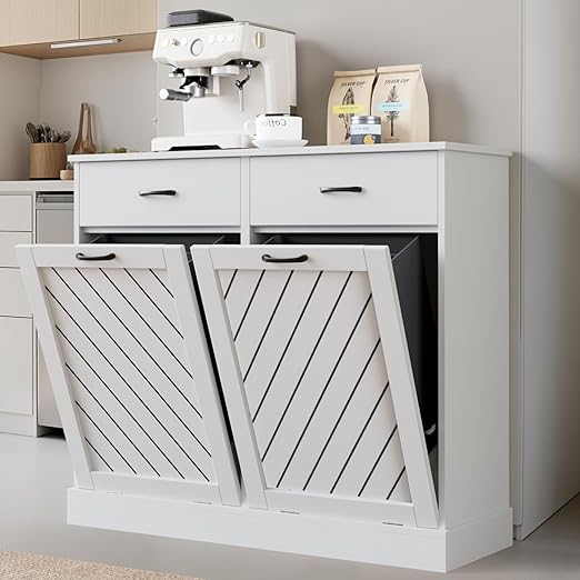 Double Tilt-Out Trash Can Cabinet, 2x13 Gallons Hidden Garbage, Hidden Kitchen Trash Cabinet with Storage Drawer, Pet-Proof Wooden Garbage & Recycling Cabinet for Kitchen, Laundry & Living Room, White