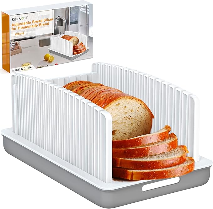 Kiss Core Upgrade Bread Slicer for Homemade Bread, Bread Slicer Guide Adjustable Width and Thickness, Foldable and Compact Cutting Guide with Crumb Tray, Suitability for Homemade Bread, Bagels, Cakes