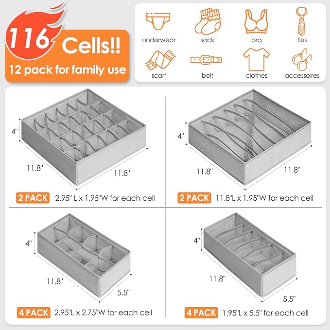 Criusia 12 Pack Sock Underwear Drawer Organizer Dividers, 116 Cells Fabric Foldable Dresser Closet Organizers and Storage Bins for Baby Clothing, Women Men Underwear Socks, Bra, Ties, Scarf