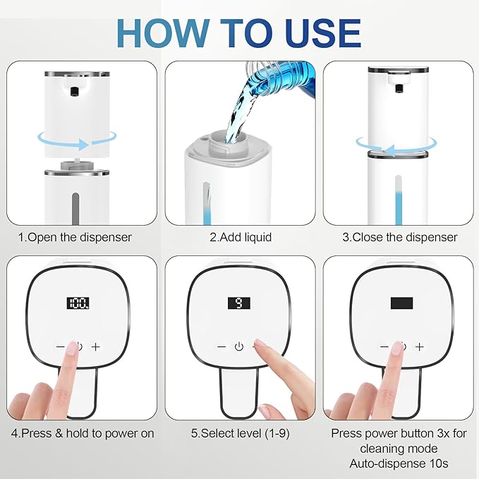 Automatic Liquid Soap Dispenser, 9 Adjustable Levels, 380ml/12.8oz, Touchless Hand Soap or Dish Soap Dispenser,IR Sensor & Display,Wall-Mount or Tabletop Use for Bathroom Kitchen
