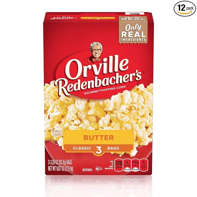 Orville Redenbacher’s Microwave Popcorn, Butter Flavor, 3g Fiber Per Serving, 3.29 oz., 3-Count (12 Boxes)