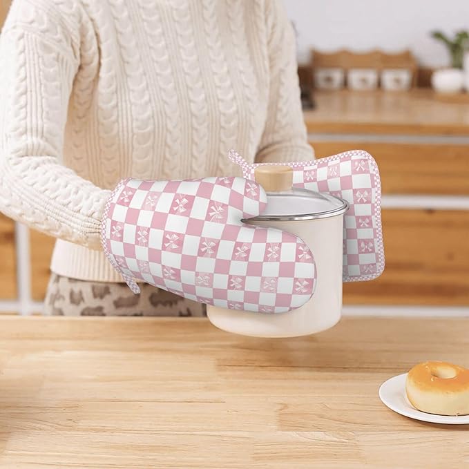Oven Mitts and Pot Holders Pink Check Bow Pattern Silicone Kitchen Accessories Set of 4 Heat Resistant Long Gloves Potholder Non-Slip Grip for Chef Cooking Baking Grilling BBQ
