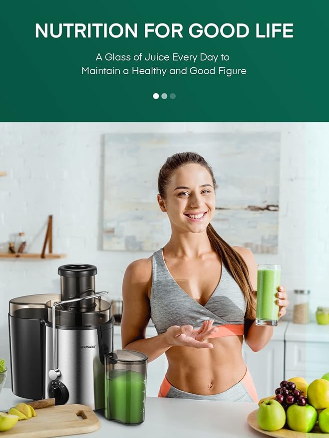 Juicer Machines, HOUSNAT Juicer Whole Fruit and Vegetables with 3-Speed Setting, 400 W Motor Quick Juicing Ideal for Beginners & Light Daily Use, Cleaning Brush and Juicing Recipe Included