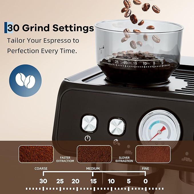 Garvee Stainless Steel Espresso Machine with Grinder & 20 Bar Pressure, 2.8L Removable Water Tank, Milk Frother Steam Wand for Latte/Cappuccino - Adjustable Shot Volume, Professional Home/Office Use