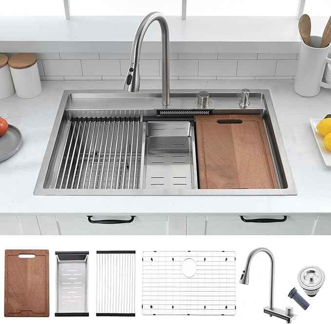 30 inch Drop in Kitchen Sink Waterfall Workstation with Faucet Combo-VOKIM 30x22 Drop-in sink 16 Gauge Stainless Steel Single Bowl Kitchen Sink with Cutting Board