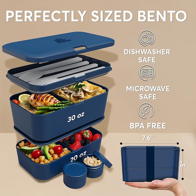 Umami Lunch Box Containers w/ 4 Utensils, 2 Sauce Jars, Nestable Space-Saving Bento Box Adult, 100% Leakproof, Microwavable Lunch Containers for Adults, Design Award Winner, Midnight Blue, 50 oz