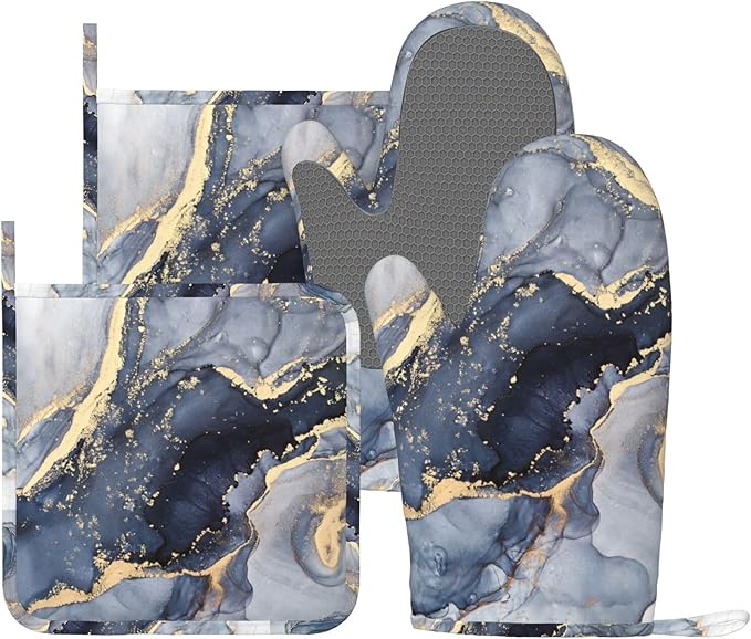 Blue Gold Marble Oven Mitts and Pot Holders Sets of 4, Heat Resistant Silicone Oven Mittens and Potholders Gloves Hot Pads for Kitchen Cooking Baking Grilling BBQ Chef
