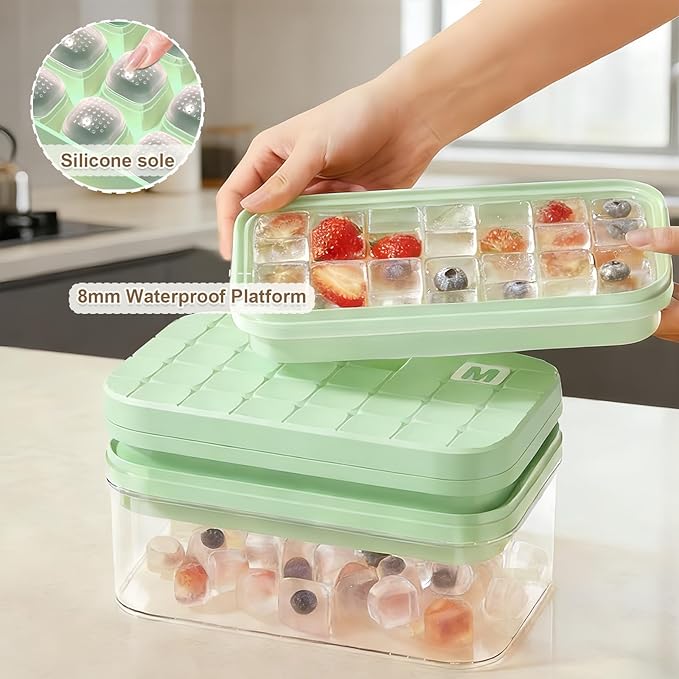 Mini Press-Type Ice Maker for Freezer + Silicone Ice Cube Trays with Lid and Bin