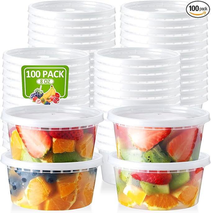 NEEBAKE 100 Set 8 oz Deli-Containers-with-Lids-Airtight-Plastic-Food-Storage-Containers-with-Lids-Soup-Slime-Overnight-Oat-To-Go-Containers