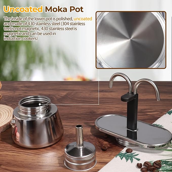 2 Cup Dual Pipe Moka Pot Stainless Steel Stovetop Espresso Maker Cafeteras Italian Percolator Espress Makers Capable Greca Mocha Coffee Machine for Induction Home 150ml 5.1oz