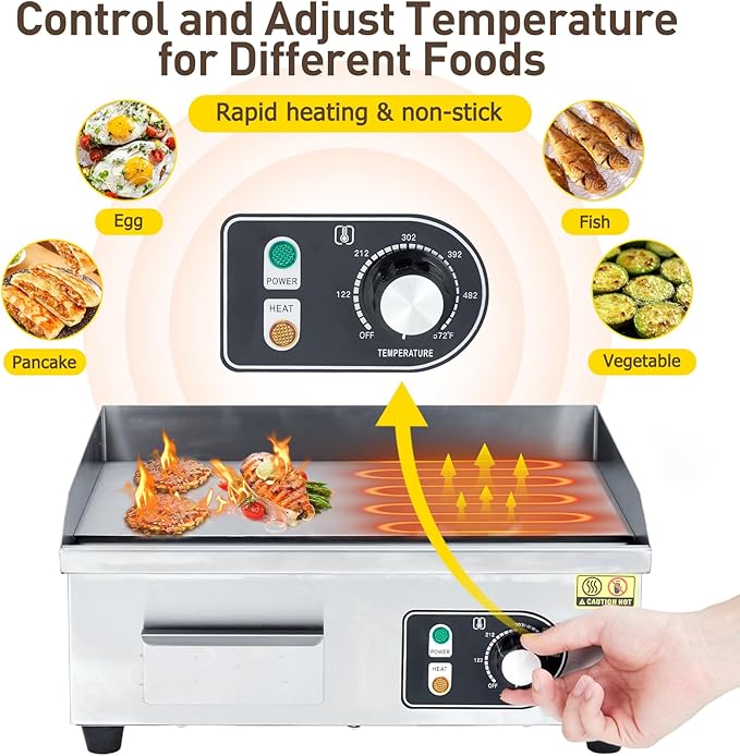 Takywep 18 Inch Electric Griddle, 1600W Electric Countertop Griddle, Non-Stick Restaurant 110V Teppanyaki Flat Top Grill Stainless Steel Adjustable Temperature Control 122°F-572°F (with PLUG)