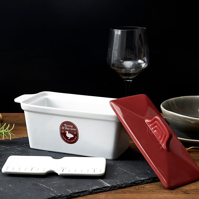 Saveur et Degustation KC2301 Foie Gras Terrine with Press, Ceramic, Red/White, 25.5 x 11 x 27 cm