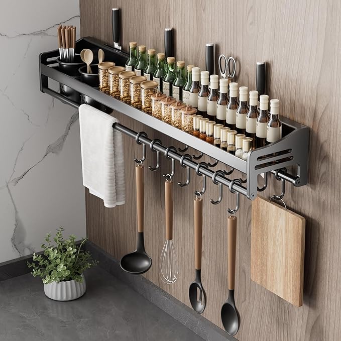 kitchen utensil hanger, wall mounted rail with hooks, waterproof hooks for utensils, easy installation without drilling (31.5 inches, Count, 2)
