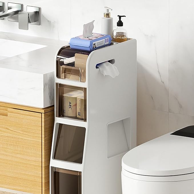 Slim Waterproof Narrow Bathroom Cabinet with Trash Bin Compact Design with Drawers and Toilet Paper Holder Movable Bathroom Organizers for Small Spaces (4Tier/31.5in H)