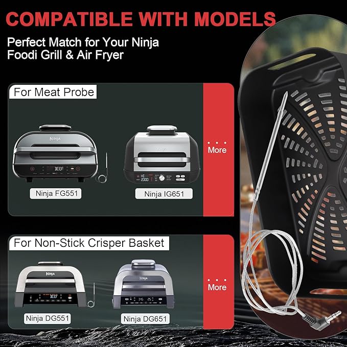 Foodi XL Grill Combo Crisper Basket & Meat Probe Kit for Ninja FG551/FG550 Foodi XL Grill, Non-Stick Air Fryer Basket for Ninja Foodi Smart XL DG551/DG651 Accessories, with Smart Thermometer Probe