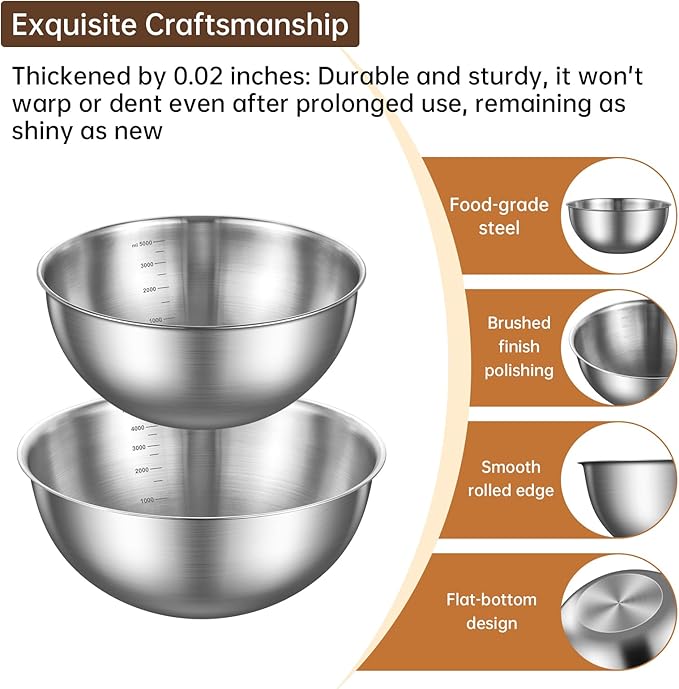 Gronivex Stainless Steel Mixing Bowls Set of 2 (4.2 & 5.3 Qt), Food Grade 304, Dishwasher Safe, Stackable Nesting Bowls for Baking, Salad Prep & Cooking